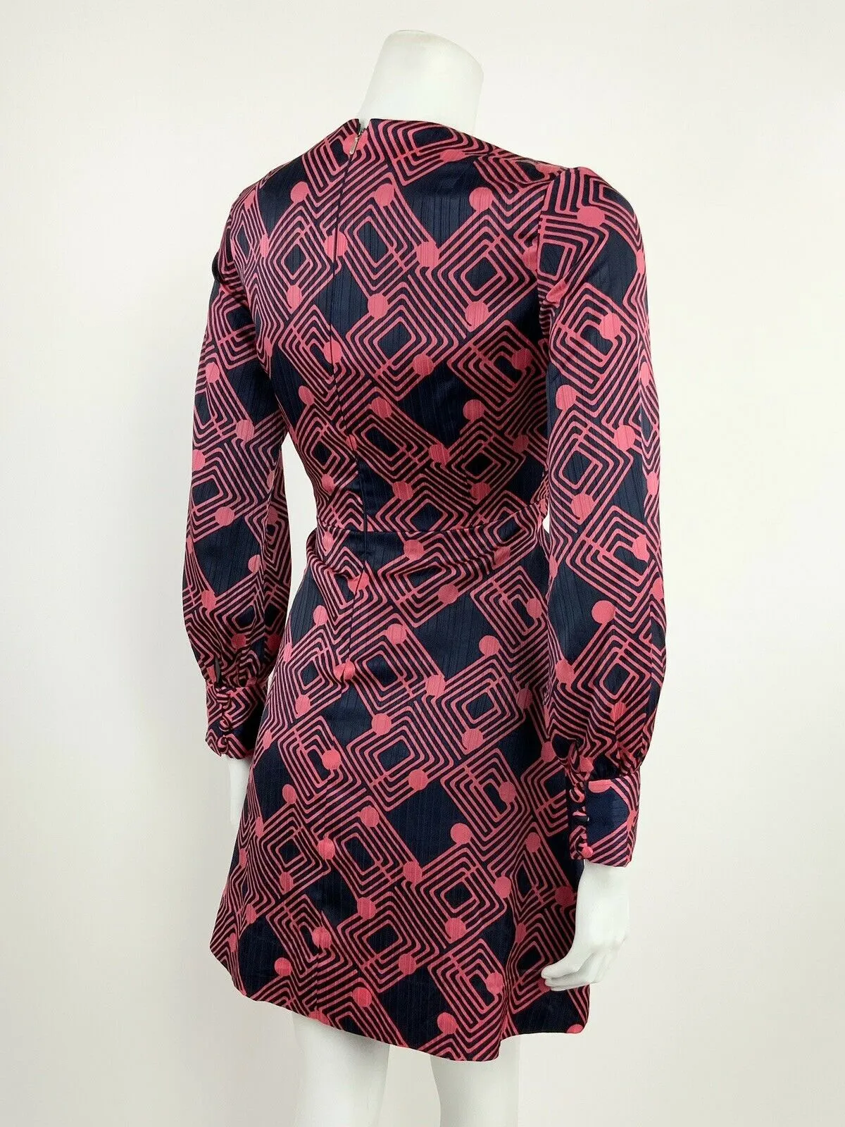 AMAZING VINTAGE 60s 70s NAVY BLUE PINK GEOMETRIC LATTICE MOD DRESS 10