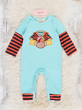 Aqua Embroidered Turkey Striped Raglan Romper