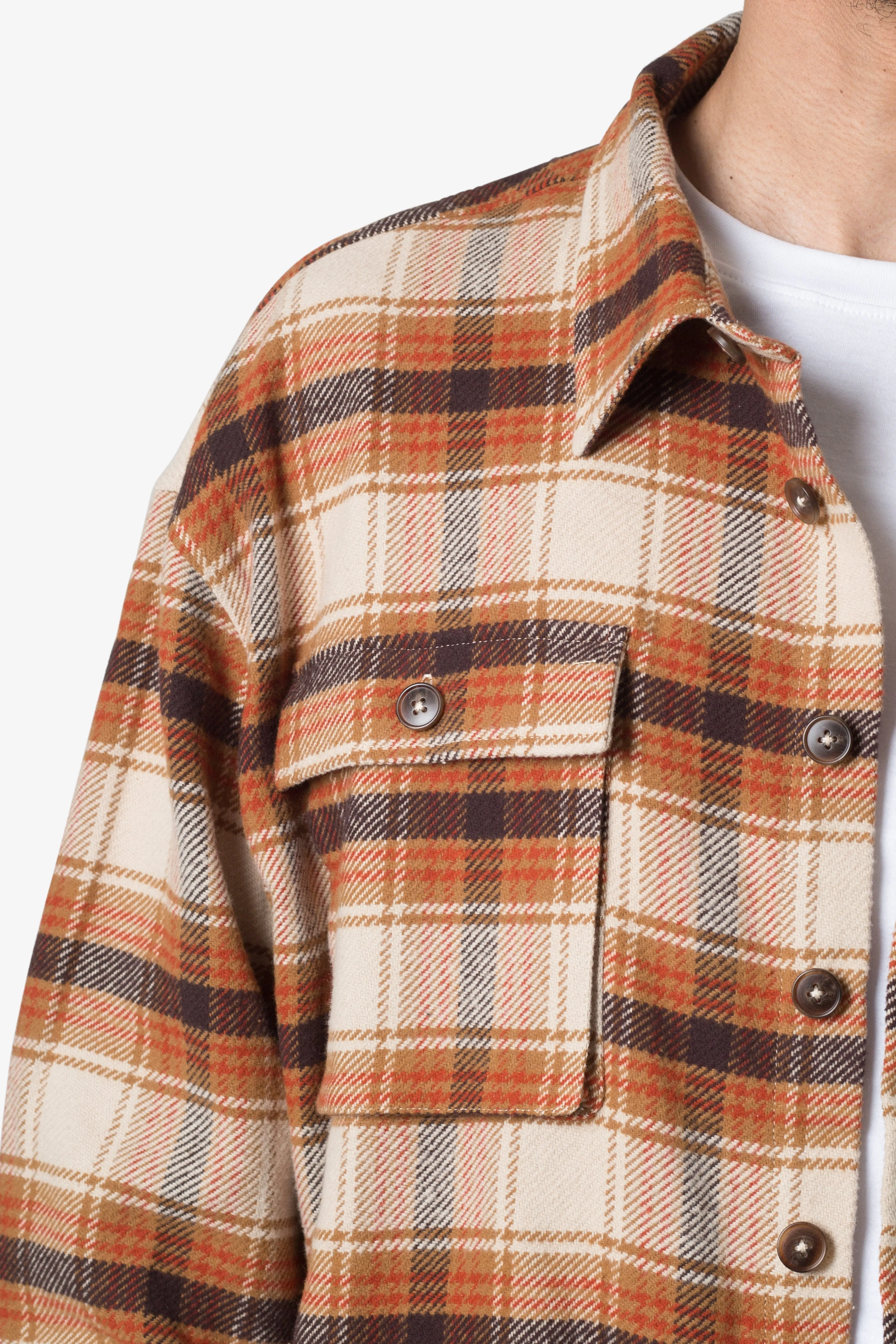 Asymmetrical Pocket Flannel Shirt - Brown