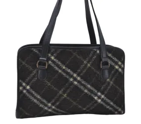 Auth BURBERRY BLUE LABEL Check Shoulder Hand Bag Wool Leather Khaki Green 3892D