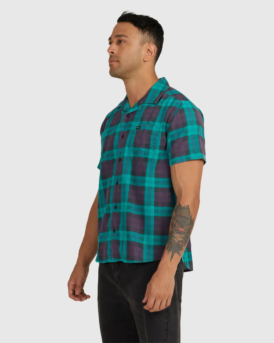 Barbed Plaid Short Sleeve Shirt - Teal