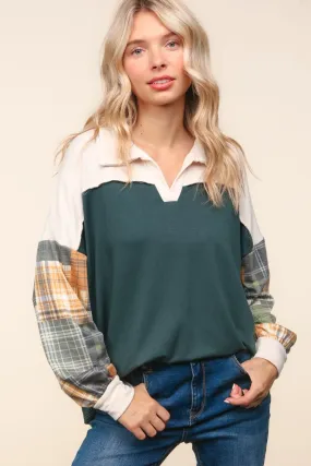 COLLARED NOTCH NECK COLOR BLOCK PULLOVER TOP