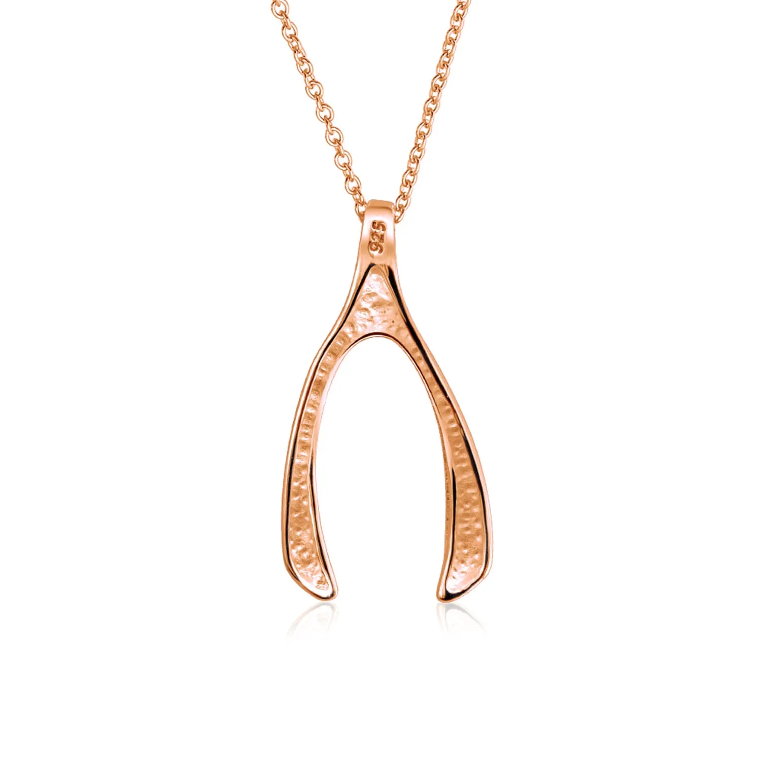 CZ Good Luck Wishbone Pendant Necklace Rose Gold Plated .925 Sterling Silver