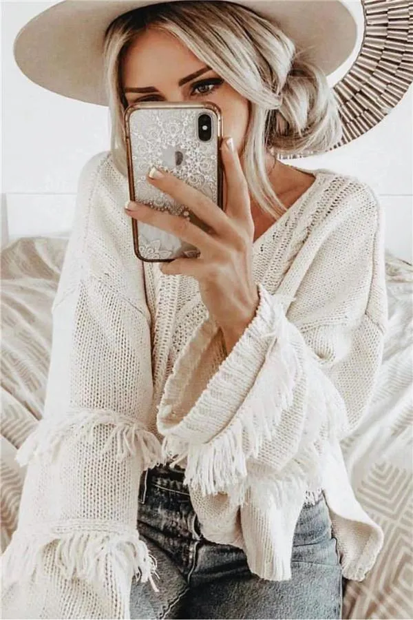 elveswallet Cable Knit Tassel Fluffy Sweater