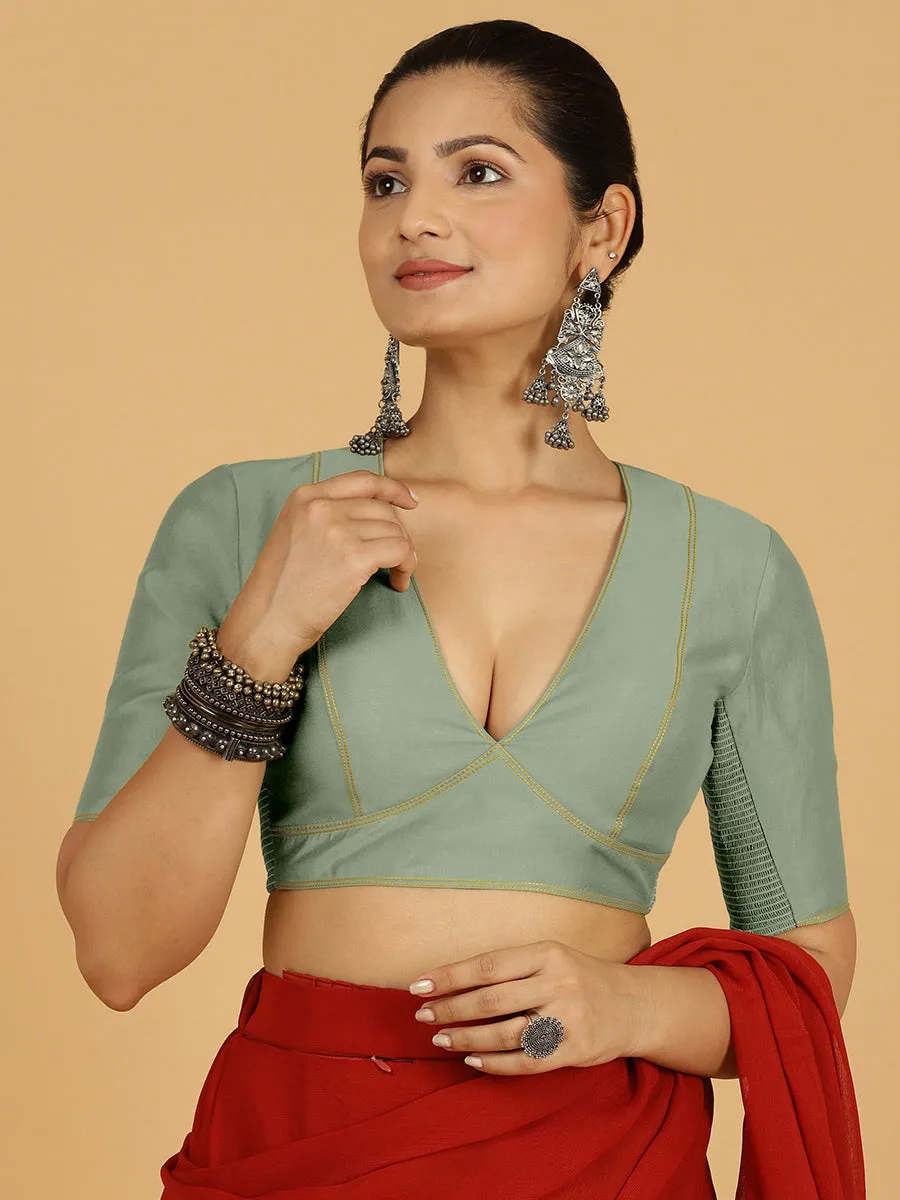 Erum x Rozaana | Elbow Sleeves Saree Blouse in Mint Green