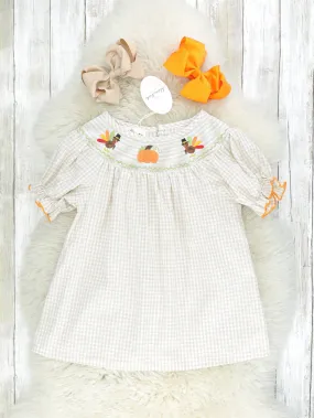 Gingham Smocked Turkey & Pumpkin Dress