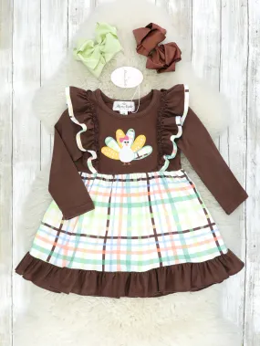 Green Plaid Turkey Ruffle Dress