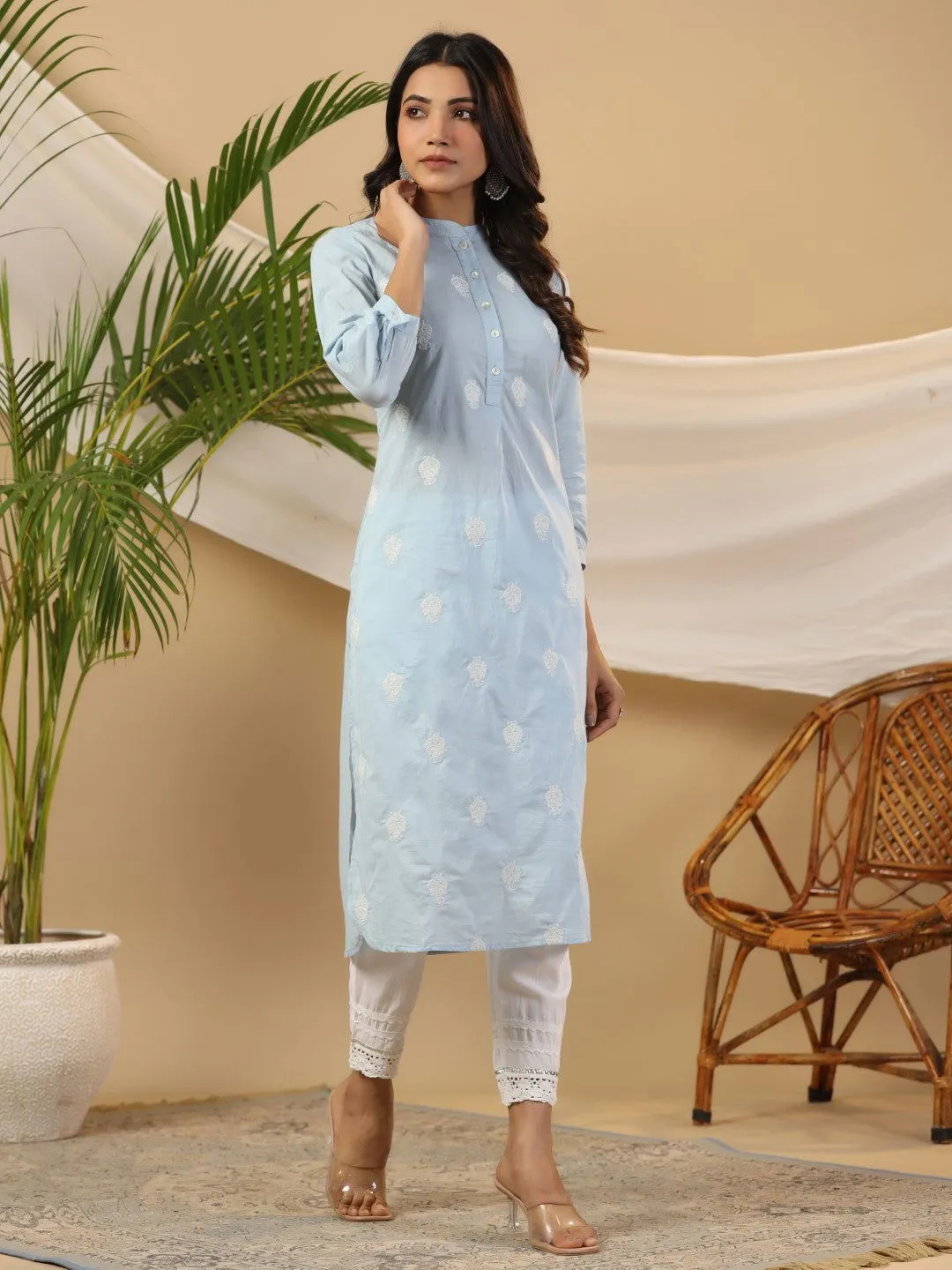 Juniper Blue Ethnic Motif Printed Cotton Slub & Flex Kurta & Pants Set With Thread Embroidery