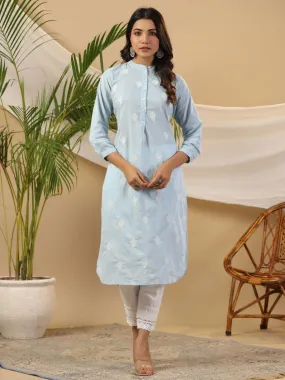 Juniper Blue Ethnic Motif Printed Cotton Slub & Flex Kurta & Pants Set With Thread Embroidery