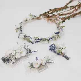 Lavender bridal flower set Hair crown with braids Boutonniere Romantic hair comb White roses Preserved flowers Magaela handmade Foam flowers