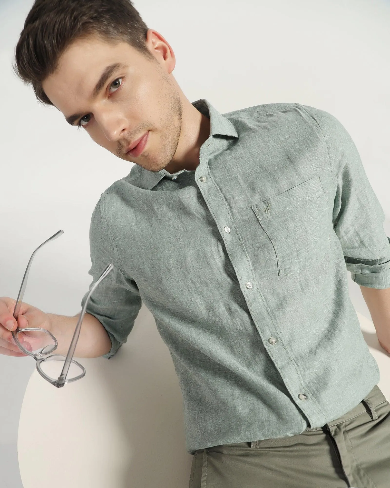 Linen Casual Green Solid Shirt - Stefan