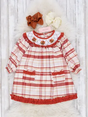 Maroon Plaid Smocked Turkey Ruffle Dress