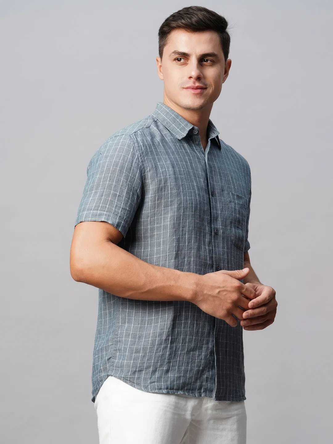 Men's 100% Linen Regular Fit Grey Checked Shirt