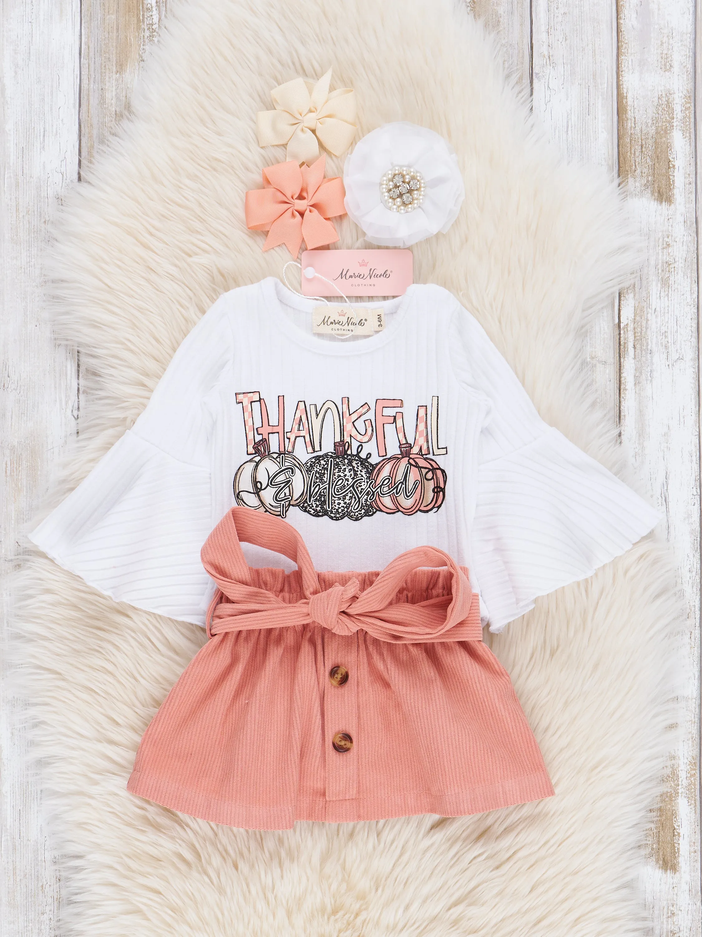 Peach Thankful Pumpkins Bubble Outfit w/ Corduroy Skirt