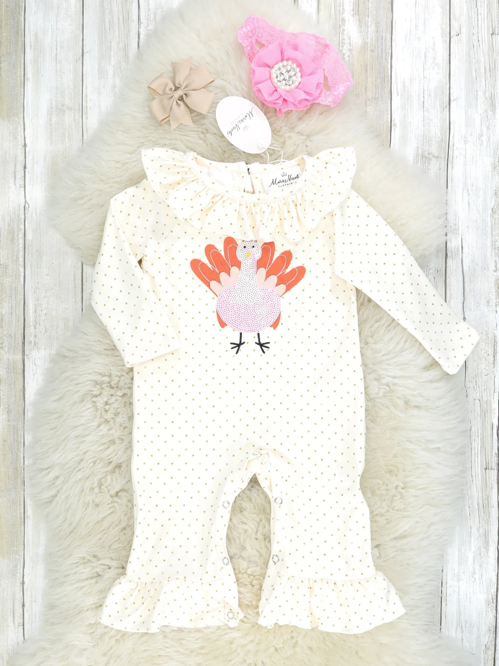 Pink Polka Dot Turkey Ruffle Romper