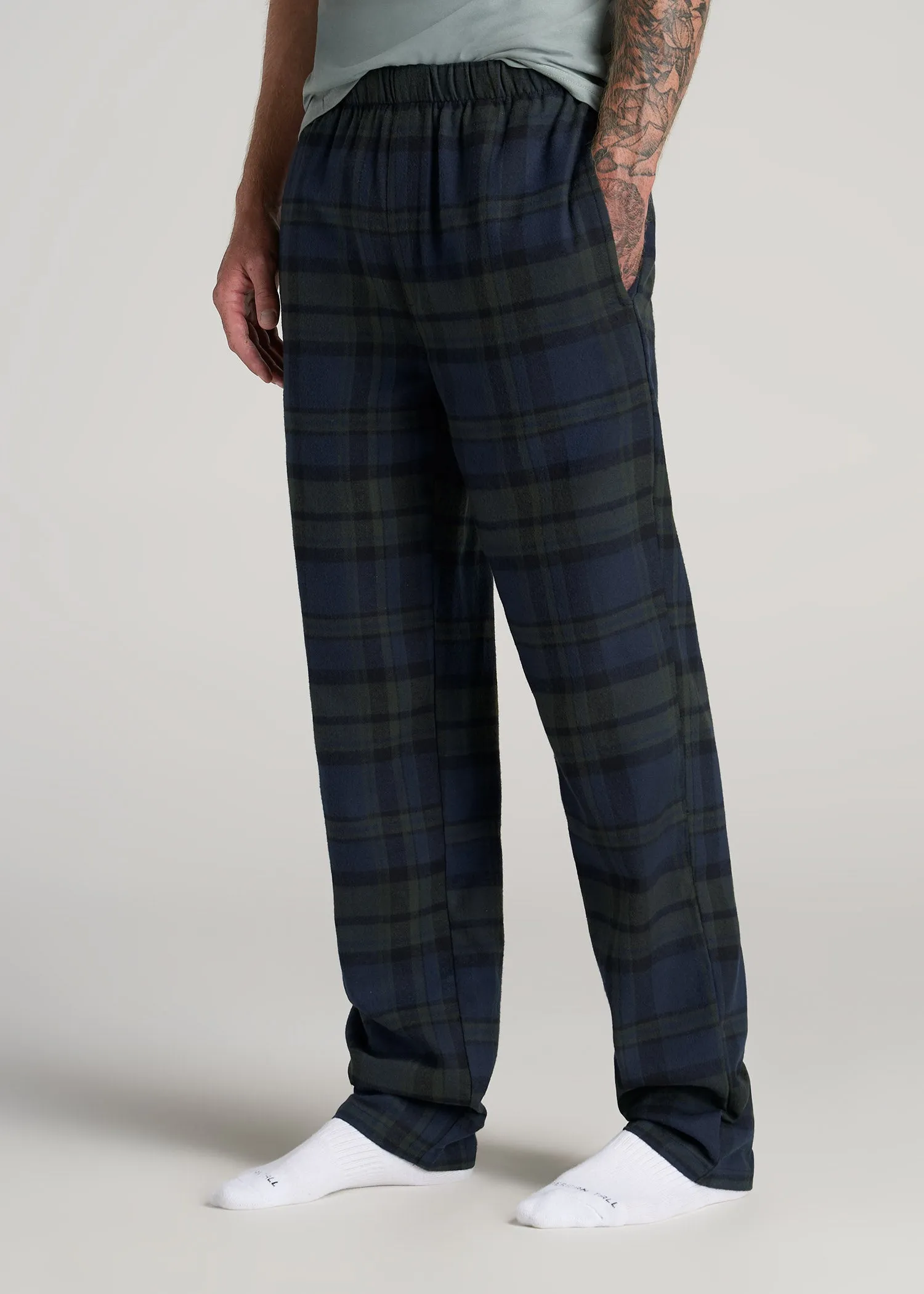 Plaid Pajama Pants for Tall Men in Olive & Dark Cobalt Plaid