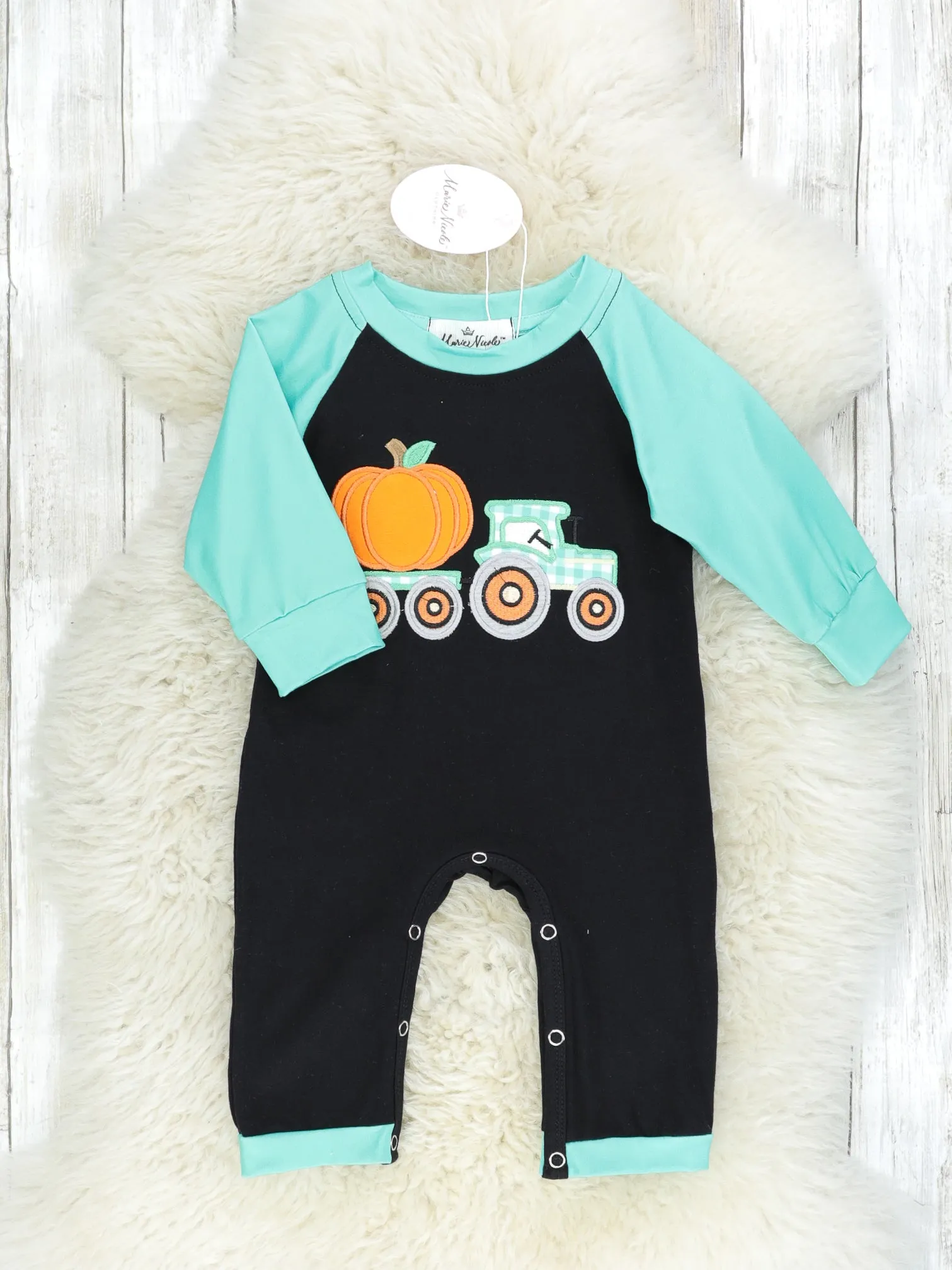 Pumpkin Tractor Green Raglan Romper