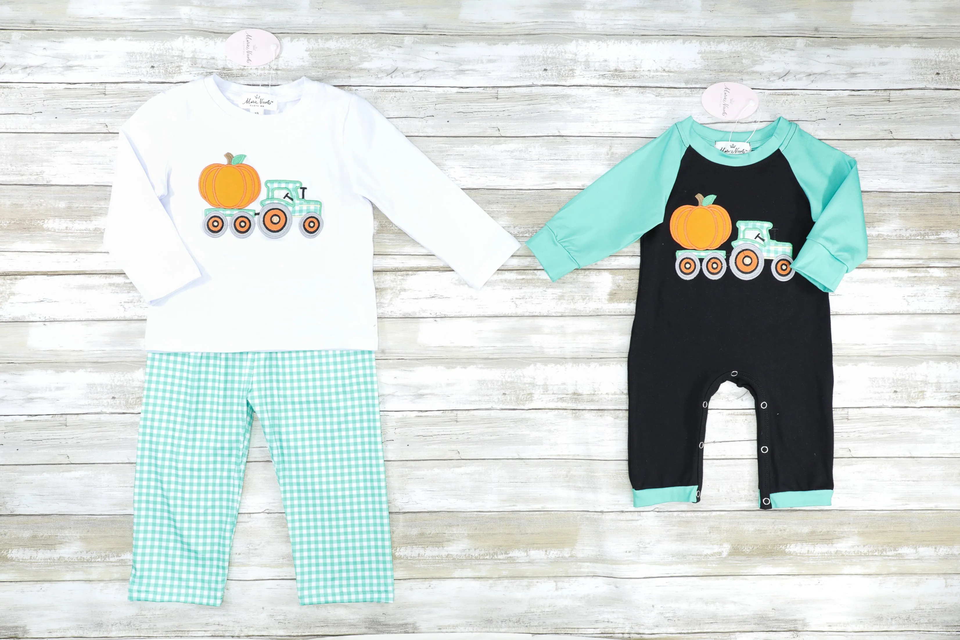 Pumpkin Tractor Green Raglan Romper