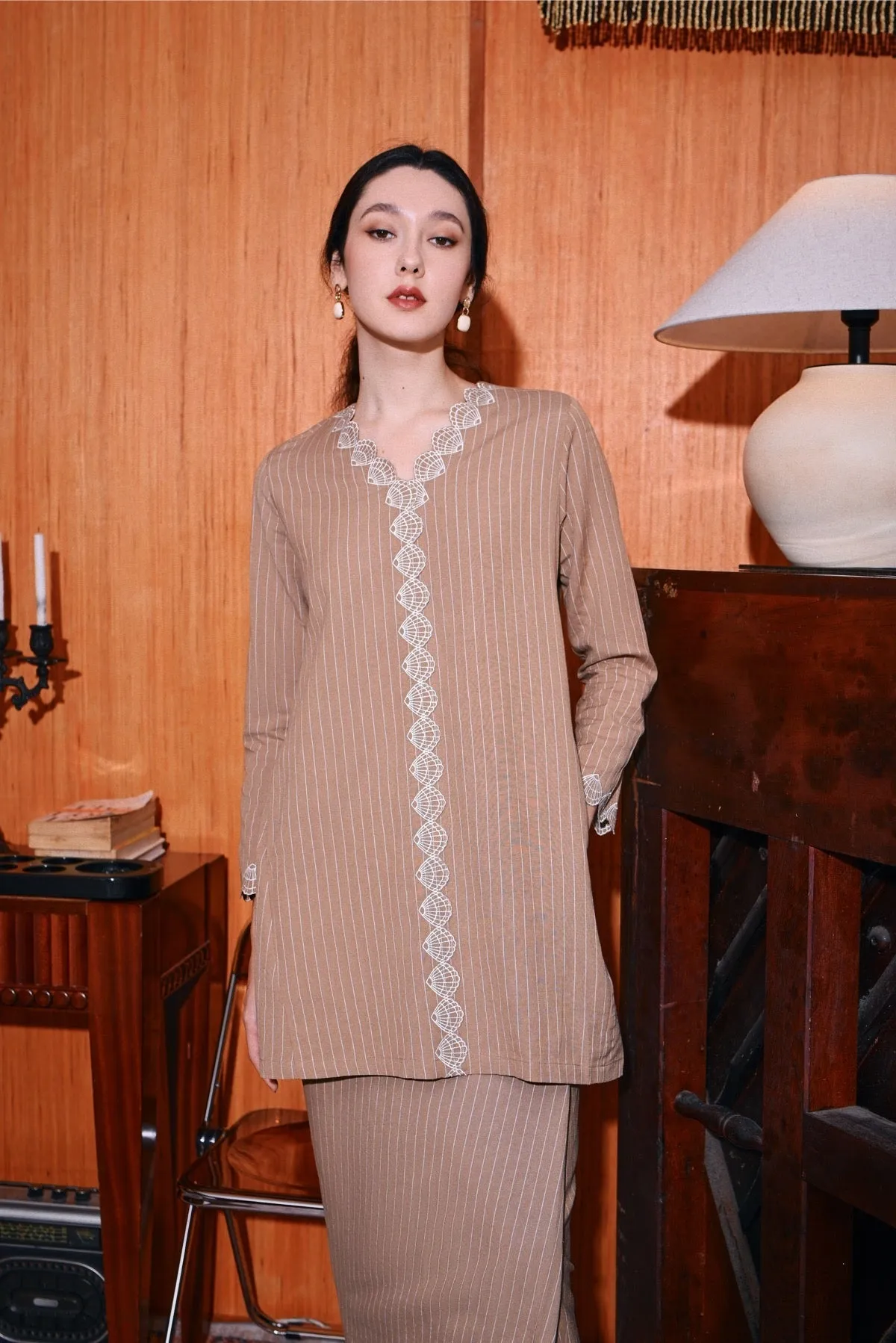 The Congkak Women Scallop Kurung Top - Khaki Stripe