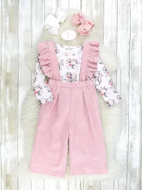 Vintage Floral Pumpkin Top & Pink Suede Ruffle Overall Set